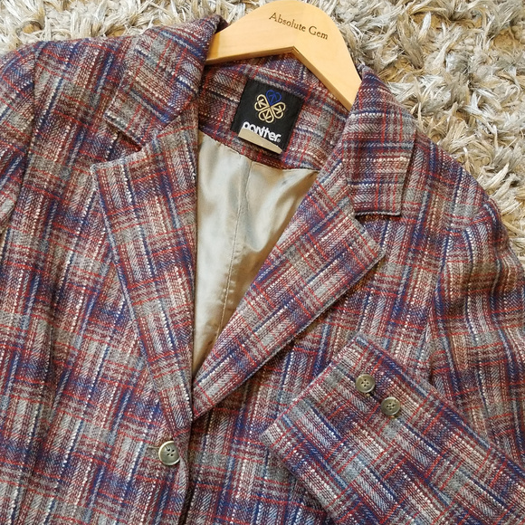 Vintage Panther Wool Plaid Blazer lined Suit Jacket red blue gray Academia 13/14 - Picture 3 of 8